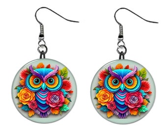 3D Looking Colorful Owl Earrings Jewelry Metal Button Novelty Earrings 1 inch diameter MADE in USA