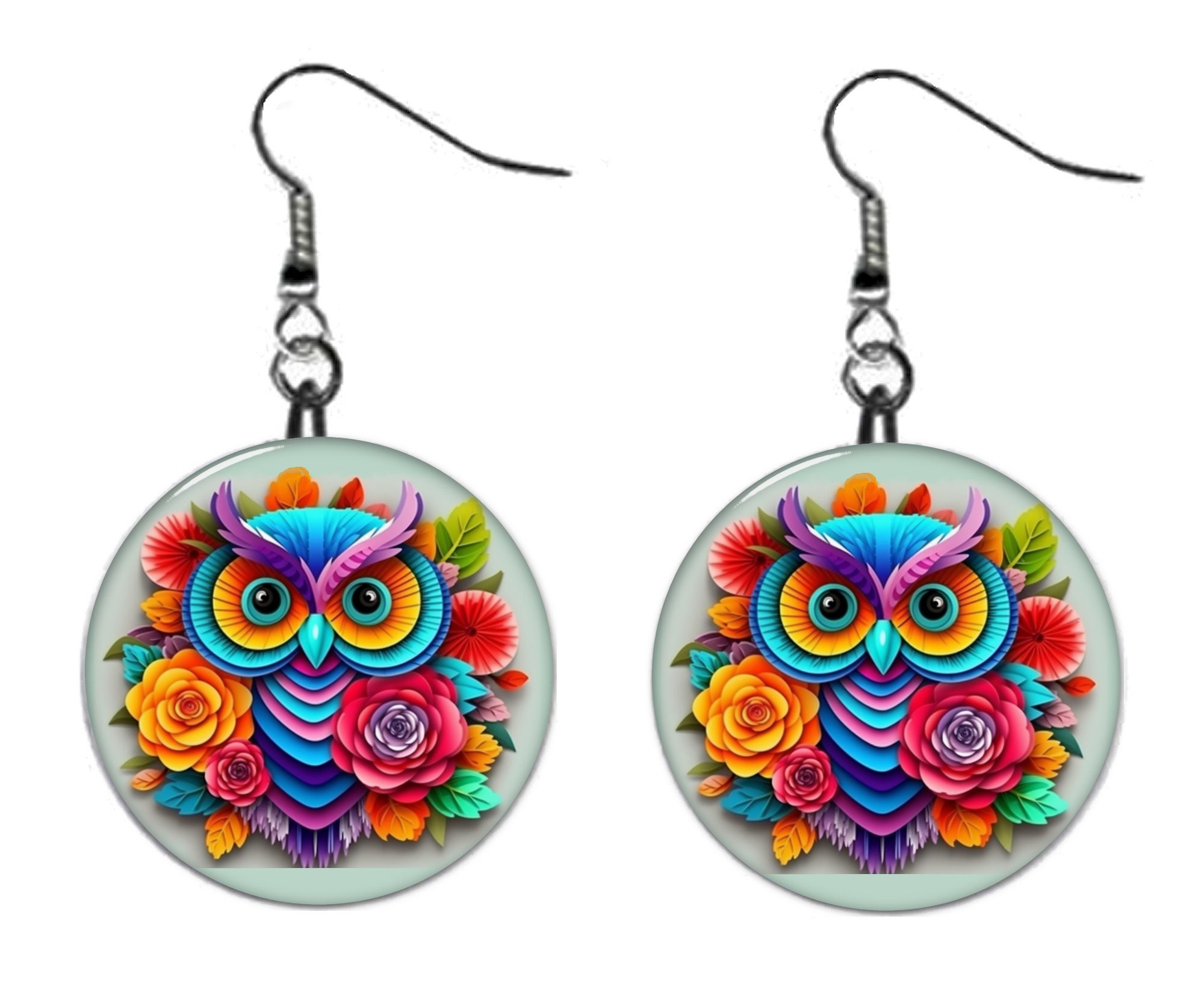 3D Looking Colorful Owl Earrings Jewelry Metal Button Novelty Earrings 1 inch diameter MADE in USA