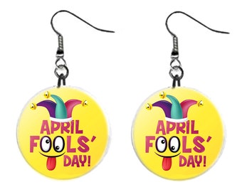 April Fools Day Jewelry Metal Button Novelty Earrings 1 inch diameter MADE in USA