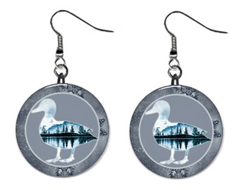 Wildlife Duck Mountain and Lake Jewelry Metal Button Novelty Earrings 1 inch diameter MADE in USA