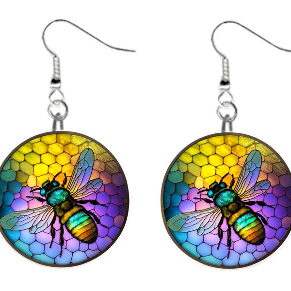 Stained Glass Honey Bee #1 Jewelry Metal Button Novelty Earrings 1 inch diameter MADE in USA