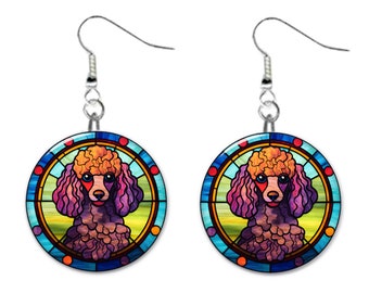 Poodle Dog Stained Glass Printed Design Pet Jewelry Metal Button Novelty Earrings 1 inch diameter MADE in USA