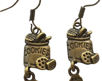 Bronzetone Cookie Jar with Dangling Cookie Earrings Jewelry Bakery 1 inch