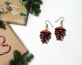 Red Glitter Pinecone Plastic Dangle Earrings Jewelry appx 1.5 inch Christmas, Holiday, Party Earrings