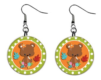 Cute Bear Woodland Jewelry Metal Button Novelty Earrings 1 inch diameter MADE in USA