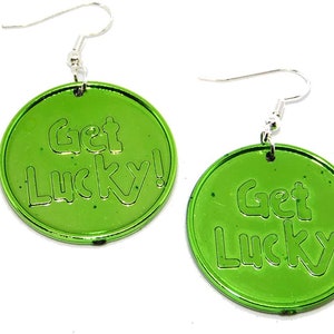 St. Patricks Day Shamrock Clover - Get Lucky Irish Plastic Coin Jewelry Novelty Earrings 1 1/2 inch diameter MADE in USA