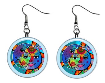 Sun & Moon Art Jewelry Metal Button Novelty Earrings 1 inch diameter MADE in USA Unity, Yin Yang