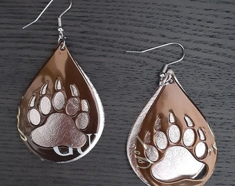 Earrings Brown Aluminum Can & Gold Faux Leather Bear Paw, Dangle LIGHTWEIGHT Aluminum Jewelry 2 inch long