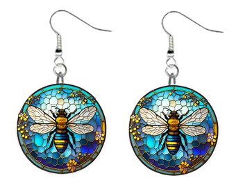 Stained Glass Honey Bee #2 Jewelry Metal Button Novelty Earrings 1 inch diameter MADE in USA