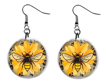 Bee on a Sunflower Jewelry Metal Button Novelty Earrings 1 inch diameter MADE in USA