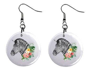Zebra with Floral Wreath Jewelry Metal Button Novelty Earrings 1 inch diameter MADE in USA Jungle, Safari