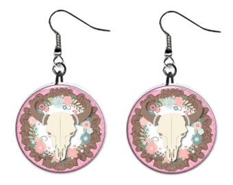 Steer Skull Southwest Western Jewelry Metal Button Novelty Earrings 1 inch diameter MADE in USA