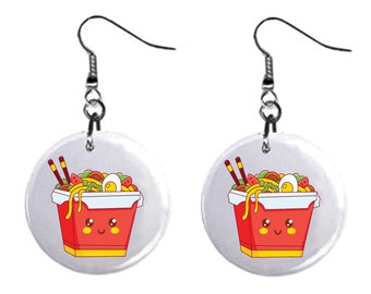 Chinese Food, Ramen Takeout Jewelry Metal Button Novelty Earrings 1 inch diameter MADE in USA Waitress, Diner