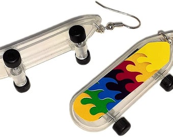 Skateboard Earrings Rainbow Waves Design - Plastic 2 inch long
