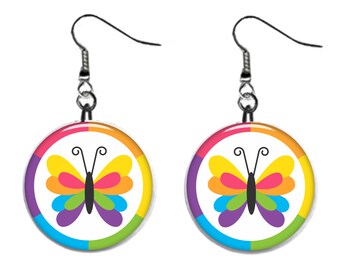 Colorful Rainbow Butterfly Jewelry Metal Button Novelty Earrings 1 inch diameter MADE in USA Pride, Gay, LBGQT