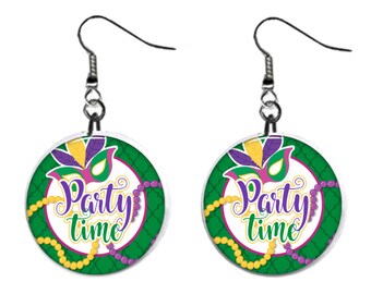 Mardi Gras Party Time Fat Tuesday Jewelry Metal Button Novelty Earrings 1 inch diameter MADE in USA