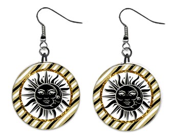 Celestial Moon, Sun, Stars, Jewelry Metal Button Novelty Earrings 1 inch diameter MADE in USA