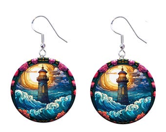 Stained Glass Look Lighthouse Seaside Ocean Jewelry Metal Button Novelty Earrings 1 inch diameter MADE in USA