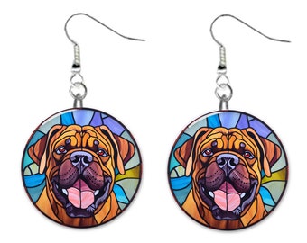 Boxer Dog Stained Glass Printed Design Pet Jewelry Metal Button Novelty Earrings 1 inch diameter MADE in USA