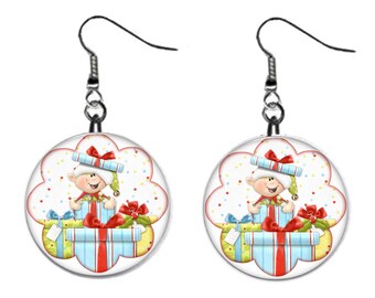 Christmas Elf Boy in a Gift Pile  Metal Button Novelty Earrings Jewelry 1 inch diameter  - MADE in USA