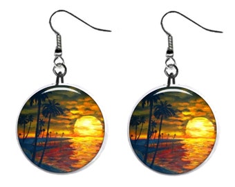 Tropical  Ocean Summer Beach  Jewelry Metal Button Novelty Earrings 1 inch diameter MADE in USA