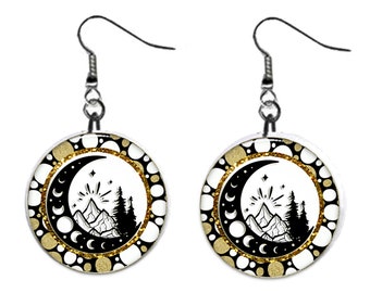 Celestial Moon, Sun, Stars, Jewelry Metal Button Novelty Earrings 1 inch diameter MADE in USA