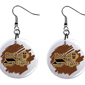 Books and Coffee Jewelry Metal Button Novelty Earrings 1 inch diameter MADE in USA Reading, Library, Librarian