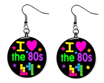 Retro 80's Colorful Design Jewelry Metal Button Novelty Earrings 1 inch diameter MADE in USA