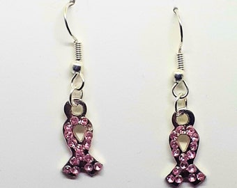 Breast Cancer Ribbons with Pink Rhinestone Charms Novelty Dangle Earrings Jewelry  1/2 inch