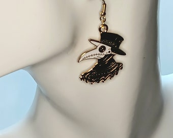 Plague Doctor Earrings, Gothic, Enamel Metal Jewelry Pandemic, Halloween, Scary 1 inch long