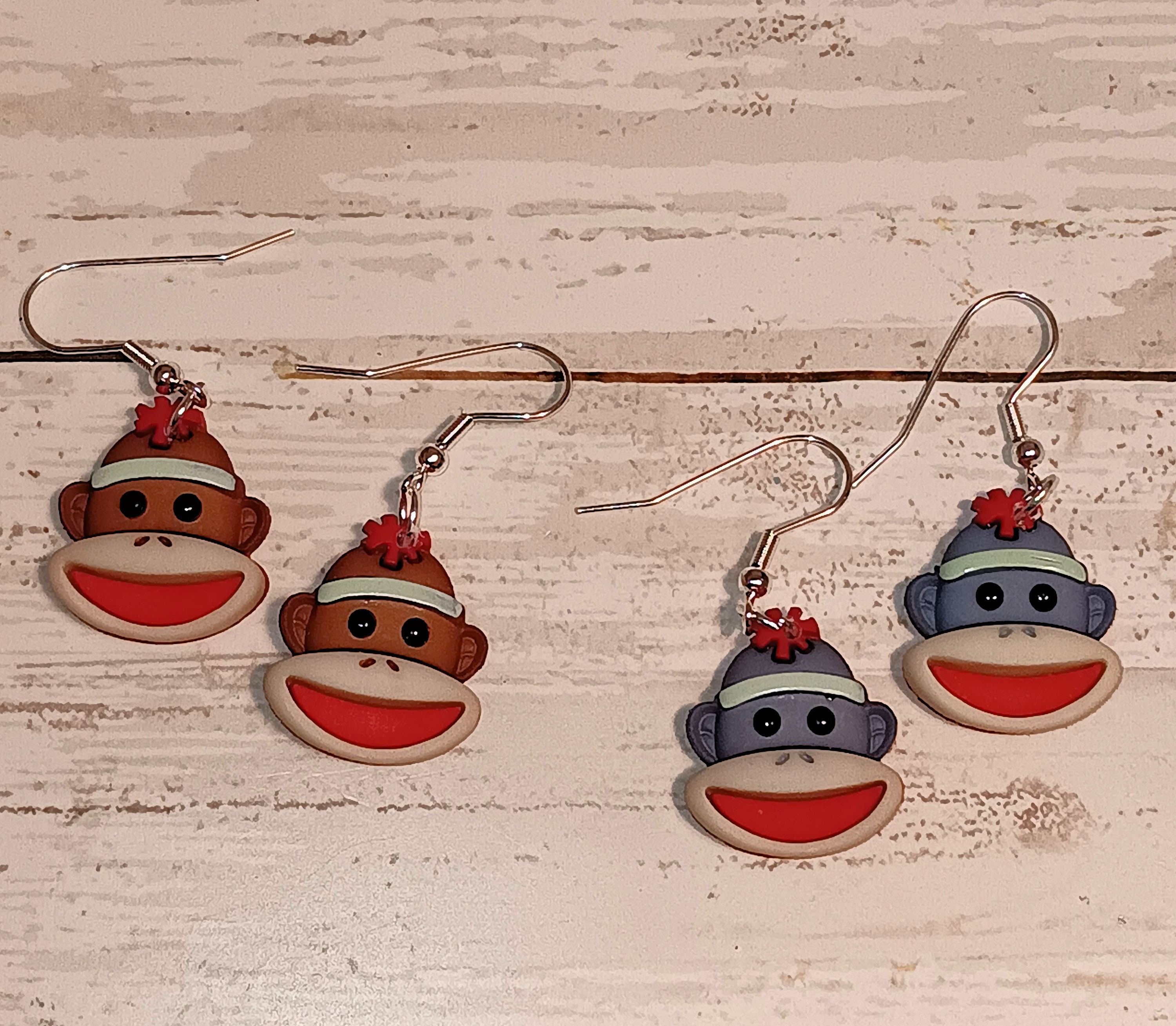 Sock Monkey Brown or Gray Face Earrings Jewelry Plastic 1 Sided 3 4 Inch Etsy