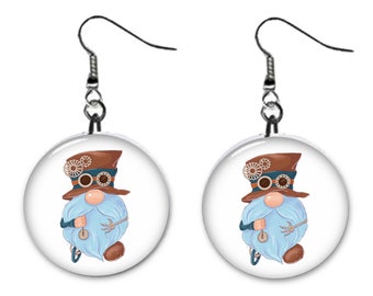 Gnome Steampunk Jewelry Metal Button Novelty Earrings 1 inch diameter MADE in USA