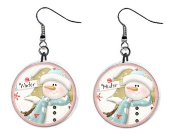 Christmas Snowman Winter Metal Button Novelty Earrings Jewelry 1 inch diameter  - MADE in USA