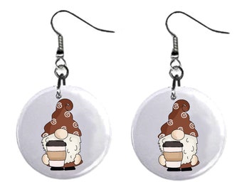 Gnome with Coffee Jewelry Metal Button Novelty Earrings 1 inch diameter MADE in USA