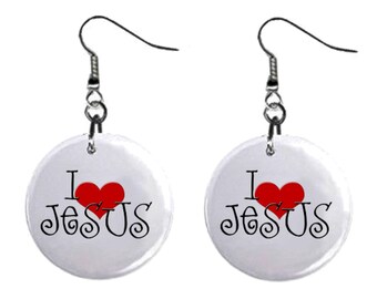 I Love Jesus Jewelry Metal Button Novelty Earrings 1 inch diameter MADE in USA Religious
