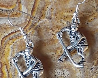 Hockey Player & Stick Sports Dangling Pierced Earrings - Silvertone Alloy Coach, Hockey Mom 1 inch