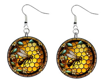 Stained Glass Honey Bee #8 Jewelry Metal Button Novelty Earrings 1 inch diameter MADE in USA