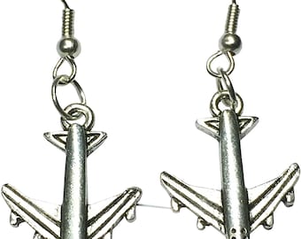 Airplane, Plane Dangling Pierced Earrings - Silvertone Alloy Travel, Vacation, Pilot, Flight Attendent 1 inch