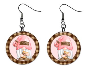 Gnome with Coffee Jewelry Metal Button Novelty Earrings 1 inch diameter MADE in USA