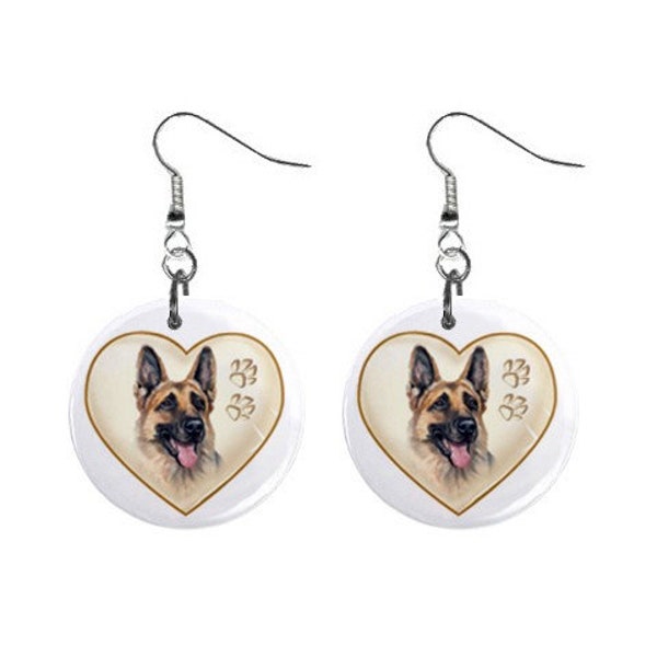 German Shepherd in a Heart Dog Pet Jewelry Metal Button Novelty Earrings 1 inch diameter MADE in USA