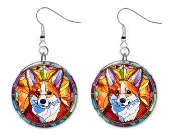 Corgi Dog Stained Glass Printed Design Pet Jewelry Metal Button Novelty Earrings 1 inch diameter MADE in USA