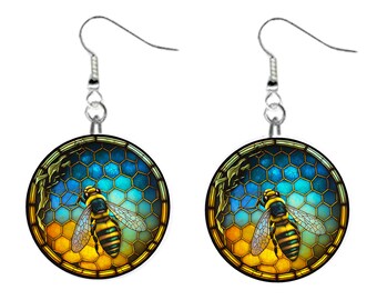 Stained Glass Honey Bee #6 Jewelry Metal Button Novelty Earrings 1 inch diameter MADE in USA