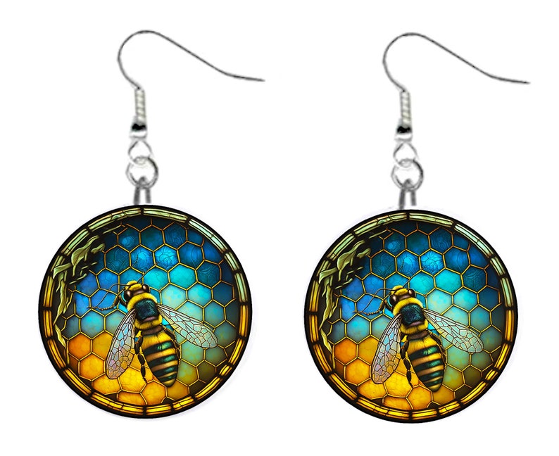 Stained Glass Honey Bee 6 Jewelry Metal Button Novelty Earrings 1 inch diameter MADE in USA imagem 1
