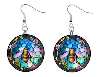 Stained Glass Honey Bee #4 Jewelry Metal Button Novelty Earrings 1 inch diameter MADE in USA