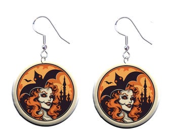 Halloween Witch Zombie with Bat Jewelry Metal Button Novelty Earrings 1 inch diameter MADE in USA