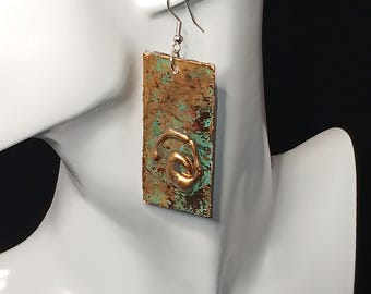 Faux Metal Patina Earrings, Lightweight, Gold Color Edge... Shabby Gold Patina Color Cardstock with Plastic Backing .. 2 inch long