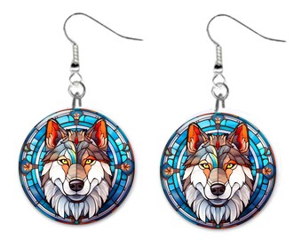 Wolf Dog Stained Glass Printed Design Pet Jewelry Metal Button Novelty Earrings 1 inch diameter MADE in USA
