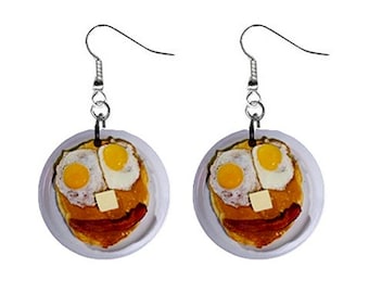 Breakfast Bacon Eggs Pancakes Diner Restaurant Jewelry Metal Button Novelty Earrings 1 inch diameter MADE in USA