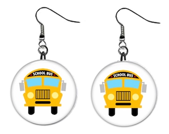 Yellow School Bus, Back to School Jewelry Metal Button Novelty Earrings 1 inch diameter Bus driver - MADE in USA