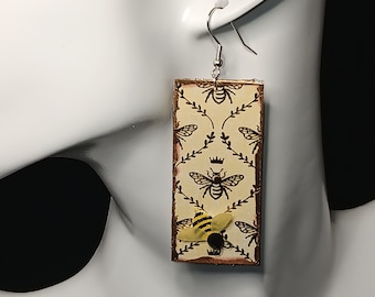 Bumble Bee Earrings, Lightweight, 3D Bee added, Gold Color foil & Edge... Shabby Gold Color Card Stock with Plastic Backing  2.25 inch long